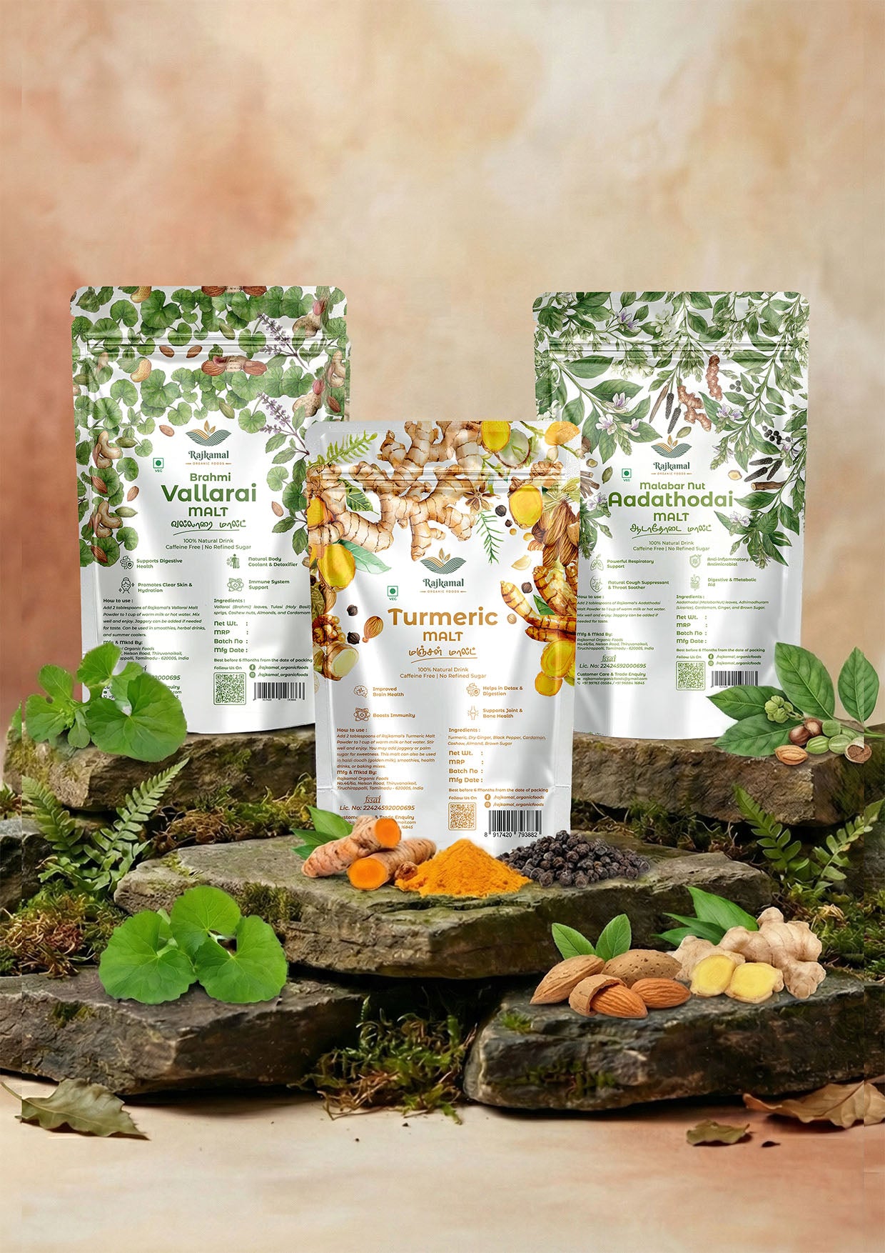 Herbal Wellness Trio – Turmeric, Brahmi & Aadathodai Malt Combo
